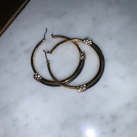 Sparkly 1 3/4 inch hoops in gold-tone with black metal & crystals. - Picture 8 of 9